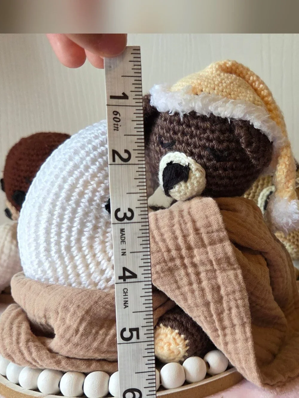 Handmade Baby Shower Centerpiece Crochet Sleeping Brown Bears with Blankets